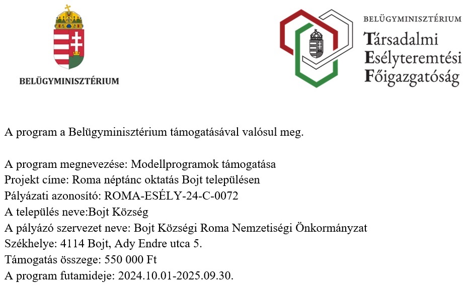 ROMA-ESÉLY-24-C-0072 Modellprogramok támogatása Roma néptánc oktatás Bojt településen